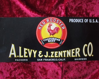 ORIGINAL VINTAGE CRATE LABEL LITTLE RED ROOSTER HEN CALIFORNIA 1960S LEVY