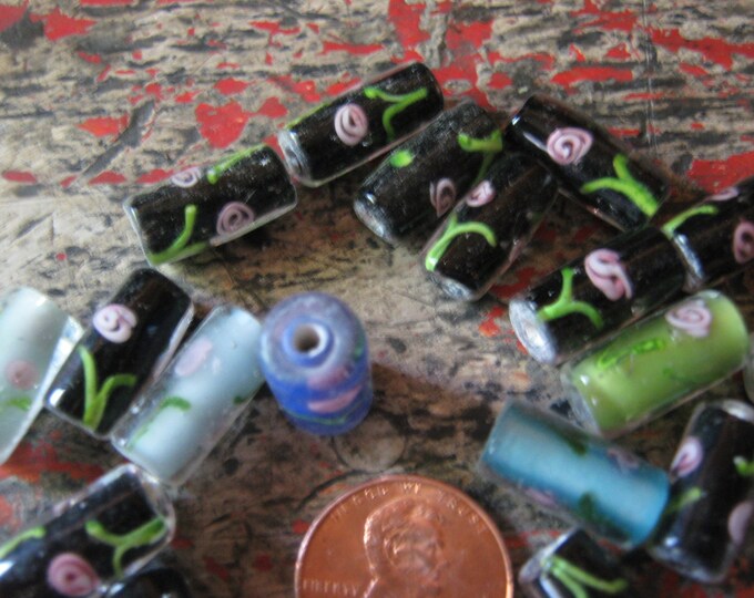 Pink Flower Glass Tube Bead 5 piece lot random colors