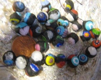 Vintage Moretti Glass Millefiori Matte Round 5 Bead Lot Murano Venetian Milli Black Base