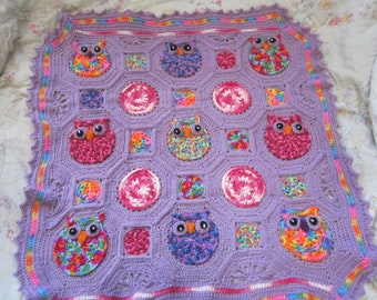 Lavender Pinks Purples Owl Obsession Hand Crocheted Baby Afghan NO BUTTONS Throw Blanket  Free Shipping