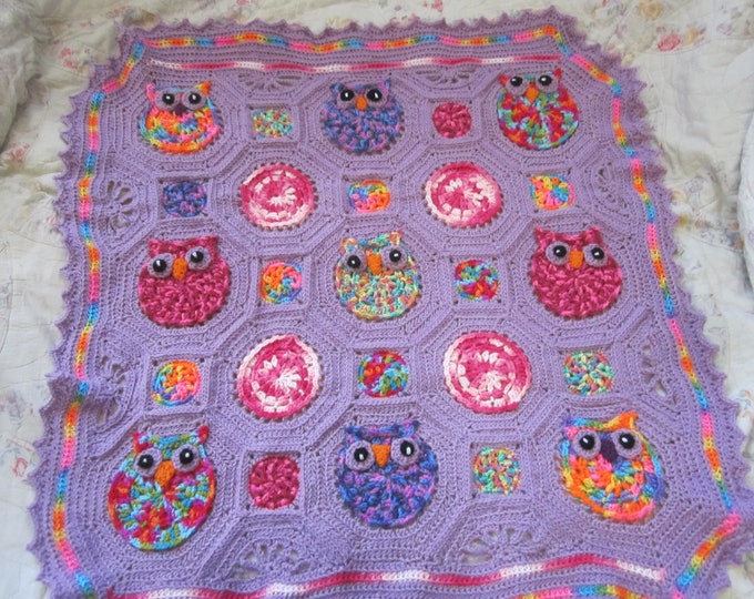 Lavender Pinks Purples Owl Obsession Hand Crocheted Baby Afghan NO BUTTONS Throw Blanket  Free Shipping