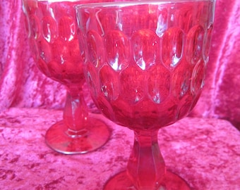 2 Dark Ruby Red Glass Goblets Press Mold Thumbprint ChaliceMid Century