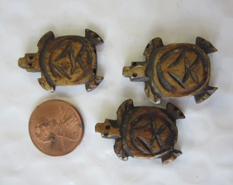 3 Hand carved bone turtle focal beads