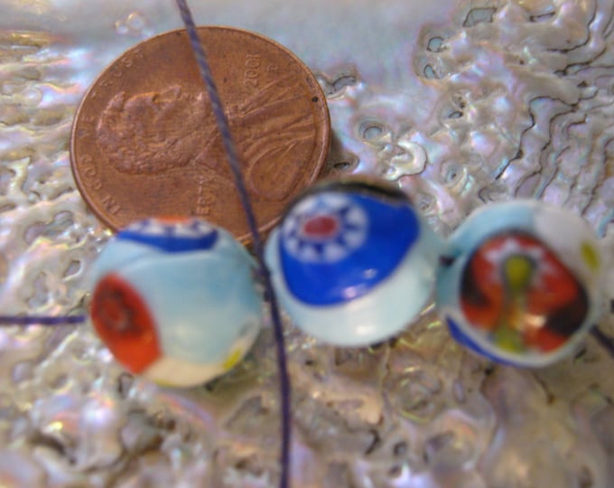 Vintage Moretti Glass Millefiori Round 3 Bead Lot Murano Venetian Milli Light Blue Base