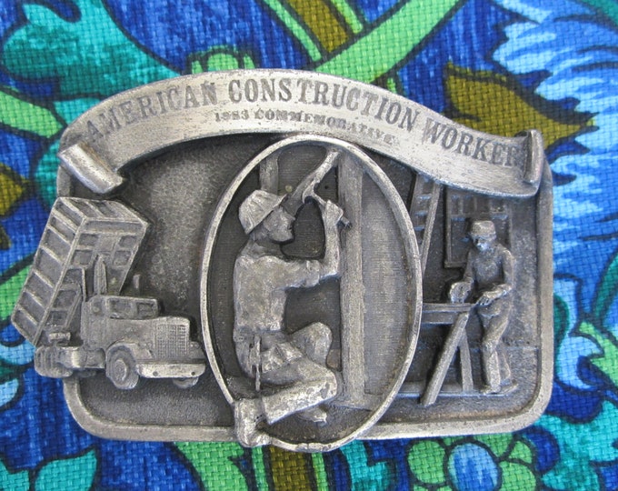 Brass Belt Buckle American Construction Worker 1983 Commerative