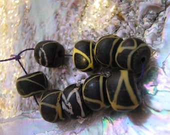 Antique Venetian Trade Beads Black  White Yellow Lines lot 9 pc