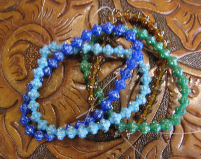 4 Strands Czech Pressed Glass Saturn Beads Blue Lt Blue Amber Green 120 pc abt 1/4 in Vintage