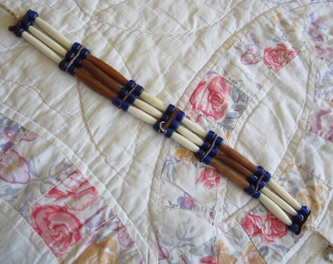 3 Strand Native American Style Hair Pipe Choker Bone Horn Cobalt Glass