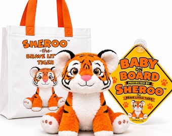 Recordable Stuffed Animal Tiger, 60 Second Voice Recorder Plush, Sheroo the Brave Little Tiger, Free Tote and Baby on Board Sign