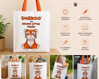 May include: A white reusable tote bag with orange handles featuring a graphic of a tiger and the text SHEROO THE BRAVE LITTLE TIGER. The bag is displayed with icons highlighting features like durable, lightweight, and eco-friendly qualities.