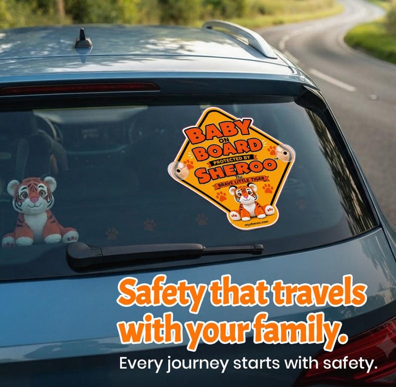 May include: A diamond-shaped yellow car sign with orange text reading BABY ON BOARD PROTECTED BY SHEROO THE BRAVE LITTLE TIGER, featuring a tiger illustration and paw prints. The sign is attached to a car window with two clear suction cups.