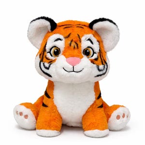 May include: A plush tiger toy with bright orange fur, white accents on the face, chest, and paws, and black stripes. The stuffed animal features large brown eyes, a small pink nose, and a stitched mouth, sitting in an upright position.