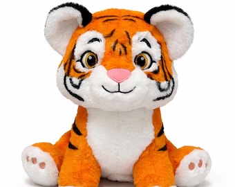 May include: A plush tiger toy with bright orange fur, white accents on the face, chest, and paws, and black stripes. The stuffed animal features large brown eyes, a small pink nose, and a stitched mouth, sitting in an upright position.