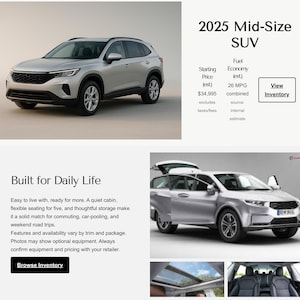 Może przedstawiać: Srebrny SUV średniej wielkości z 2025 roku, prezentowany na białym tle. Obraz zawiera tekst "Built for Daily Life" oraz szczegóły dotyczące oszczędności paliwa i ceny początkowej. Samochód ma nowoczesny design.