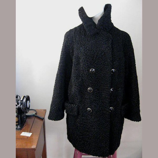 Vintage Black Persian Lamb Short Coat; Walowitz Furs; 1960s; Double Breasted; Belted Back; Size 9-11