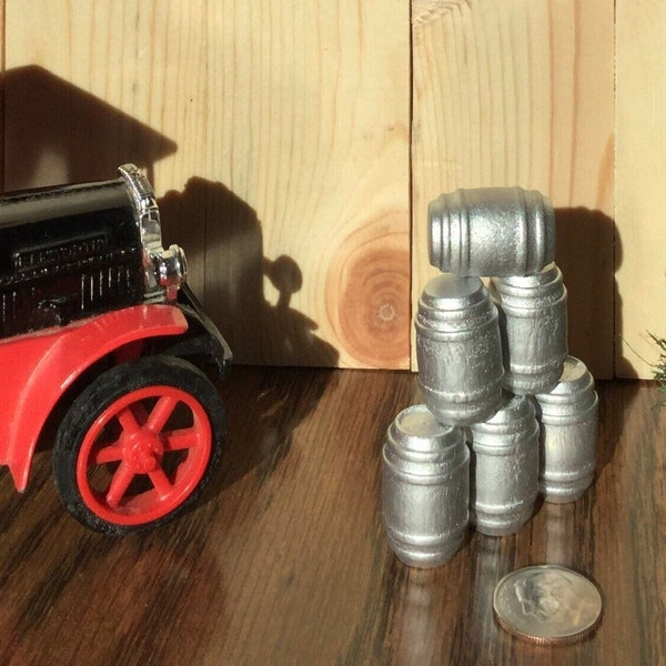 MINIATURE BEER KEGS - Set of 6 Wooden Silver Colored Barrels | O Gauge Railroad | Cake Toppers | Shadowbox |Brewery | Man Cave |