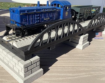 O Scale Model Train Bridge with Piers - 24 Inch Double Bowstring Bridge for O Gauge Toy Trains | Includes 3 Gray Support Piers