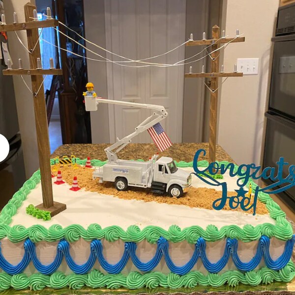 Lineman CAKE DECORATING KIT | Truck | Utility Poles | Construction Barrels | Telephone | Electric | Graduations | Retirement | Birthday