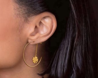 Lucky clover hoop earrings | Hypoallergenic stainless steel | Elegant, lightweight, refined gold finish, perfect gift for women