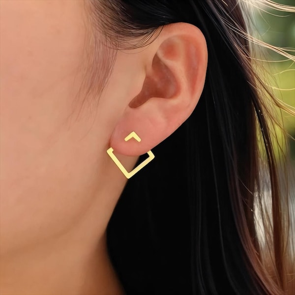 Geometric square earrings in gold or silver stainless steel, modern minimalist women's jewelry, sleek square ear jacket