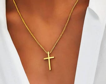 Collier croix homme femme en acier inoxydable doré, bijou religieux minimaliste chic, pendentif croix élégant waterproof