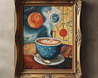 Op de afbeelding: Een ingelijste kunstdruk met een blauwe koffiekop met een schotel en lepel. De kop is gevuld met koffie en er komt stoom uit. De achtergrond heeft een hemels thema met een rode planeet en een blauw en geel ontwerp.
