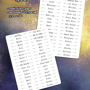 Könnte beinhalten: Zwei Bögen weißer Planer-Header-Aufkleber mit schwarzem Text. Ein Bogen listet Kategorien wie "Dankbarkeit" und "Index" auf. Der andere Bogen enthält Monate und Quartale. Der Text "Gothic Planner Header Stickers" steht oben.
