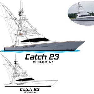 May include: Illustration of a gray and white sport fishing boat with the text "Catch 23 Montauk, NY". A smaller image of the boat is in the upper right corner. The boat is on a blue water background.