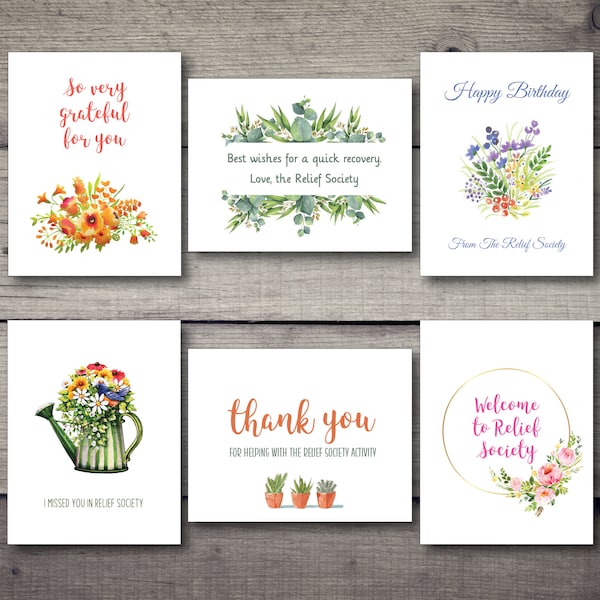 INSTANT DOWNLOAD- Set of 6 LDS Relief Society Greeting Cards- watercolor- 2 sizes- Print as many as you need