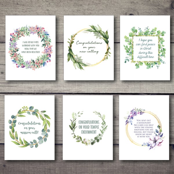 INSTANT DOWNLOAD- Set of 6 LDS Greeting Cards- watercolor- 2 size choices- Relief Society- Young Women- Ward- Christian
