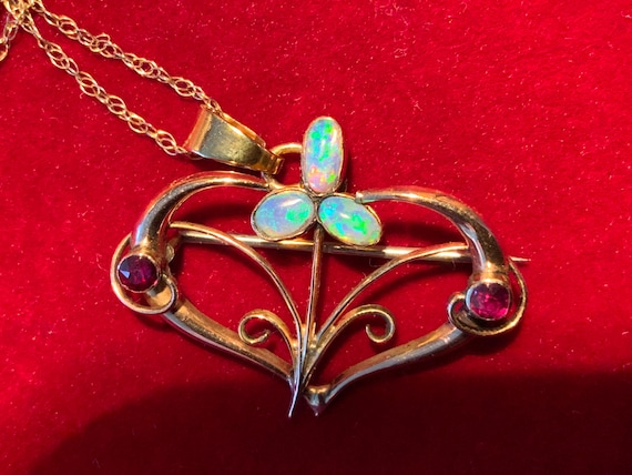 Art Nouveau Opal Garnet Heart Pendant, Antique 9ct Gold Necklace c1905