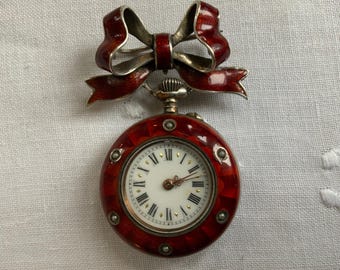 Immaculate Edwardian Guilloché Enamel and Silver Fob Watch & Bow Brooch, c.1900–1910