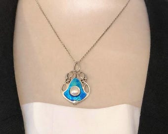 Murrle Bennett Art Nouveau Blue Enamel Silver Pearl Pendant