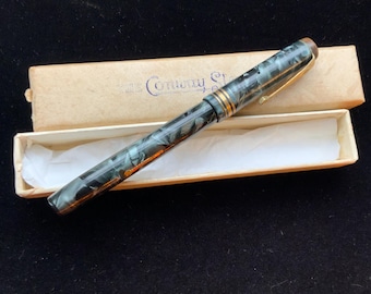 Vintage Conway Stewart Füllfederhalter, blau marmoriertes Zelluloid, 14 Karat Goldfeder, Originalverpackung