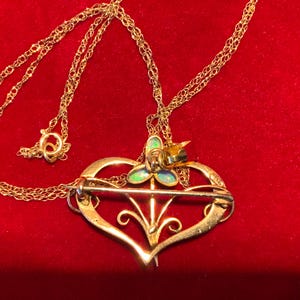 Art Nouveau Opal Garnet Heart Pendant, Antique 9ct Gold Necklace c1905 image 5