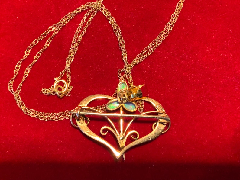 Art Nouveau Opal Garnet Heart Pendant, Antique 9ct Gold Necklace c1905 image 5