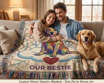 Custom Abstract Pet Portrait Woven Blanket, Personalized Dog Cat Photo Throw, Modern Colorful Tapestry, Pet Memorial Gift, 100% Cotton