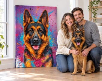 May include: A rectangular canvas print featuring a vibrant, colorful portrait of a German Shepherd dog with a paint-splatter background in shades of pink, blue, and purple, displayed next to a real German Shepherd dog.