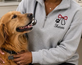 Sudadera con cremallera de un cuarto para veterinarios, sudadera con cremallera de un cuarto bordada para veterinarios, sudadera personalizada para técnicos veterinarios, regalo veterinario