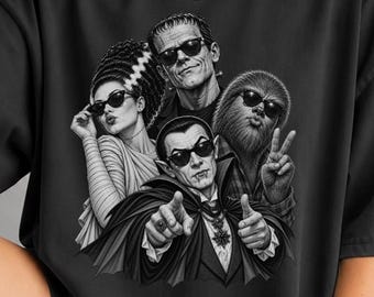 Retro Halloween Monster Selfie Shirt, Frankenstein Werewolf Dracula Tee (DTG Print)