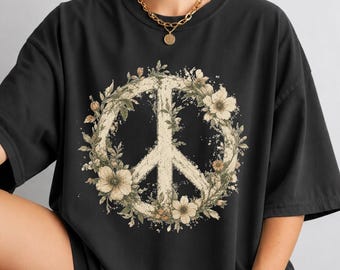 Floral Peace Sign Graphic Tee, Boho Hippie Shirt, Retro Flower T-Shirt
