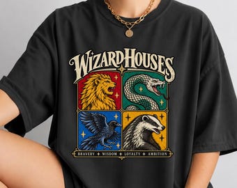 Wizard Houses Animal Crest T-Shirt, Fantasy Academy Tee, Vintage Illustrated Design
