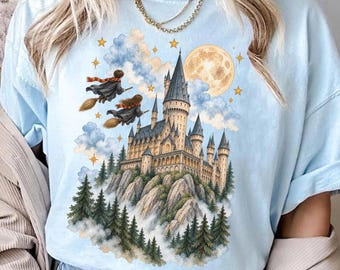 Watercolor Wizard Castle T-Shirt, Flying Broomsticks Fantasy Tee