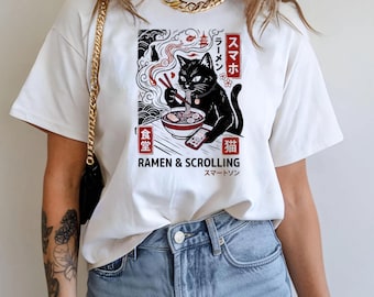Cat Ramen T-Shirt – Black Cat Eating Noodles, Japanese Streetwear Tee