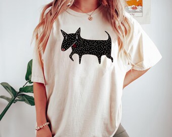 Minimalist Black Dog T-Shirt, Quirky Folk Art Pup Graphic Tee
