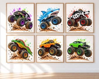 Monster Truck Wall Art Set of 6, Watercolor Off Road Vehicle Prints, Boys Room Decor, Kids Nursery Posters, Playroom Printable Art