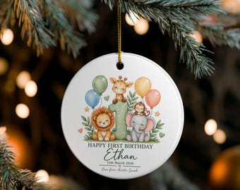 Safari Animal First Birthday Ornament, Ceramic Ornament | Personalized Name Date