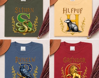Wizard House Fantasy Shirt, Dark Academia Graphic Tee, Snake Raven Lion Badger Tee, Gothic Creature T-Shirt, Magical School Inspired Apparel