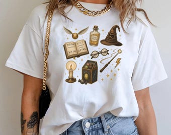 Wizard Magic Icons Shirt, Fantasy Book Lover Tee, Magical Objects Graphic T-Shirt, Vintage Wizard Inspired Shirt, Reader Gift