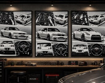 Nissan GT-R Evolution Posters, R32 R34 R35 Wall Art, Manga Style (Digital Download)